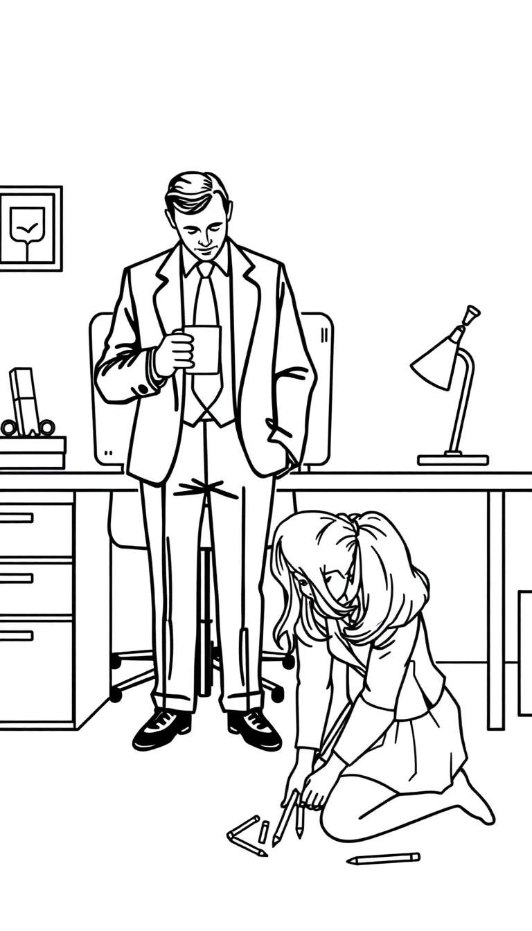 Kleurplaat van een man in pak die toekijkt hoe een vrouw op de grond potloden opraapt in een kantoor.