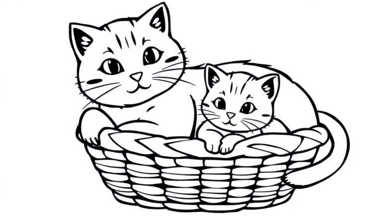 Zwart-witte kleurplaat van een grote moederkat die een klein kitten beschermt in een gevlochten mand.