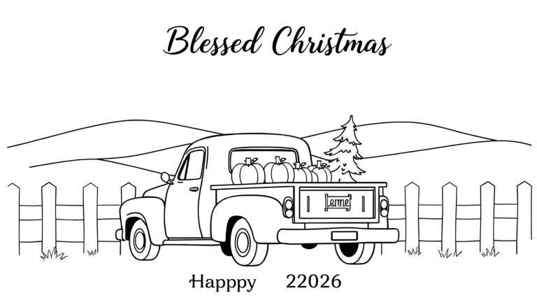 Zwart-wit lijntekening van een pick-up truck, van achteren gezien, met een laadbak vol pompoenen en een kerstboom. Tekst bovenaan 'Blessed Christmas' en onderaan 'Happpy 22026'. Voor de truck staat een houten hek.