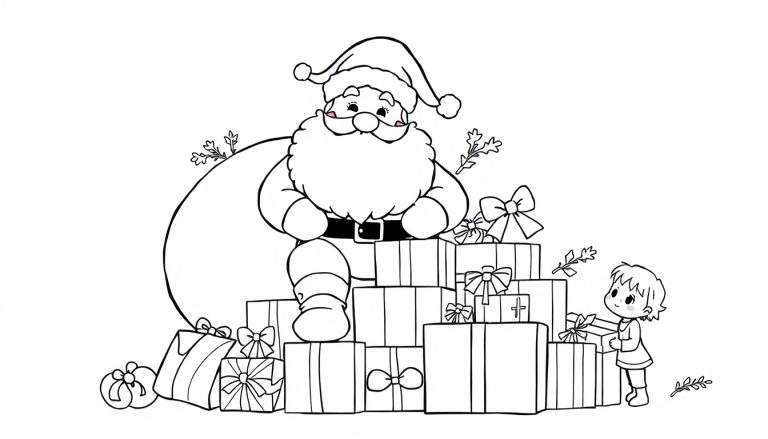 Kleurplaat van de Kerstman zittend op cadeaus met een kindje ernaast, omringd door kerstversiering.