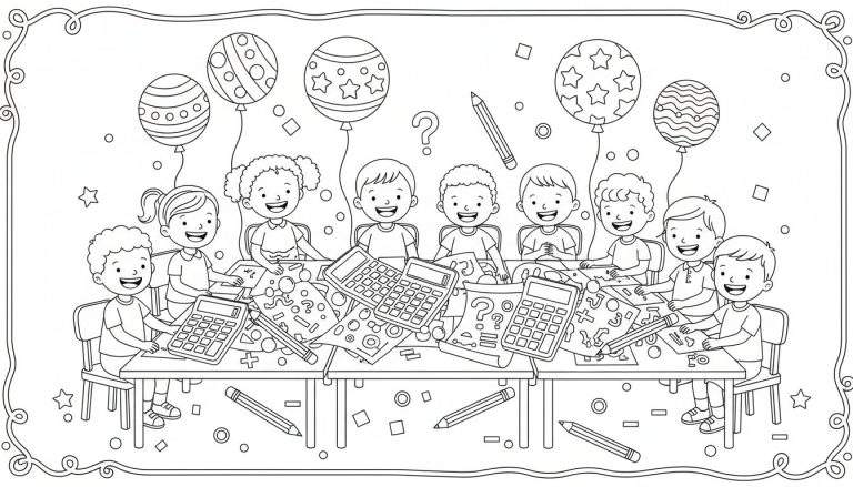Zwart-wit kleurplaat van tien blije kinderen die aan een tafel zitten te leren rekenen, omringd door ballonnen en sterren.