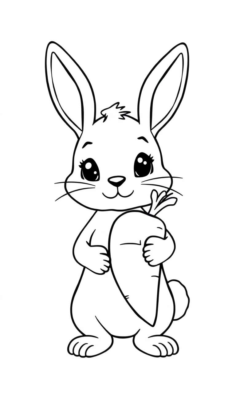 Kleurplaat van een vrolijk konijn dat rechtop staat en een grote wortel vasthoudt, met lange oren en een glimlachende mond.