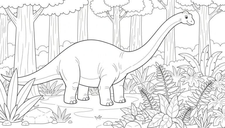 Zwart-wit lijntekening van een grote, vriendelijke langnek dinosaurus staand in een dichtbegroeid oerwoud met varens, palmen en waterplassen.