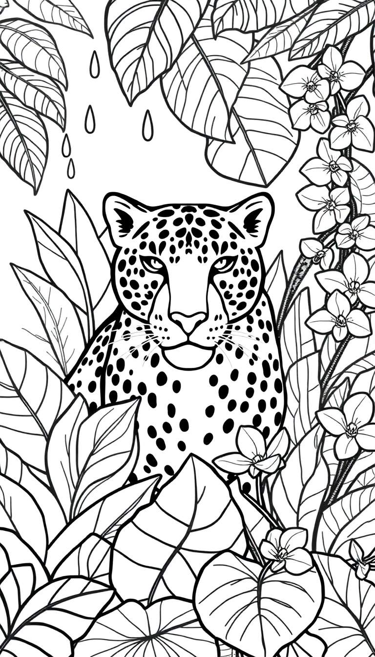 Kleurplaat van een luipaard in een dichte jungle, met bloemen aan de rechterkant en regendruppels aan de linkerkant.