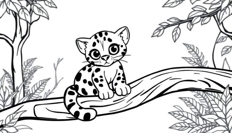 Kleurplaat van een schattige luipaardwelp met vlekken en grote ogen, zittend op een boomtak in een bosrijke achtergrond.
