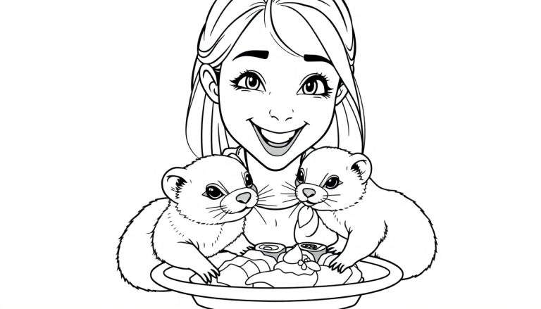 Zwart-wit tekening van een blij meisje met lang haar, zittend met twee kleine, harige diertjes. Voor hen staat een grote schaal met sushi, gebakjes en sausjes.