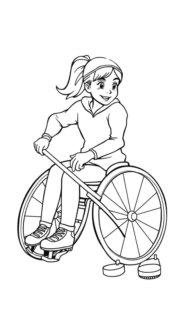 Zwart-wit lijntekening van een lachend meisje in een sportrolstoel met schaatsen, een curlingbezem en curlingstenen.