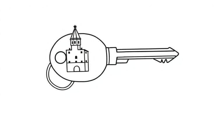 Kleurplaat van een moderne sleutel met een gedetailleerde tekening van een toren of kasteel in de ronde kop, met inkepingen aan het sleutelblad.