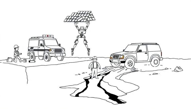 Zwart-wit lijntekening van een reddingsactie na een aardbeving, met een robot, politieauto en bouwvakkers bij een grote scheur in de grond.