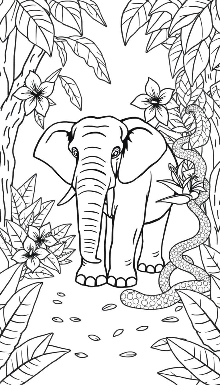 Zwart-wit lijntekening van een olifant in een jungle met tropische planten, bloemen, boomstammen en een slang.