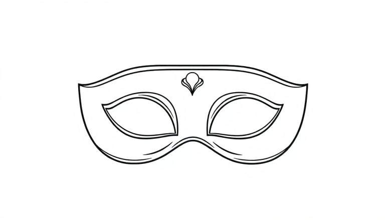Zwart-wit lijntekening van een elegant oogmasker met twee oogopeningen en een decoratief druppelvormig element in het midden, geschikt als kleurplaat.