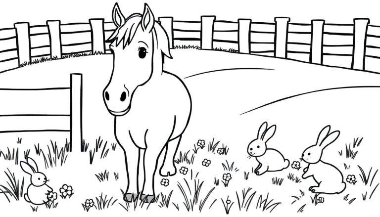 Kleurplaat van een paard met konijntjes in een bloemenweide.