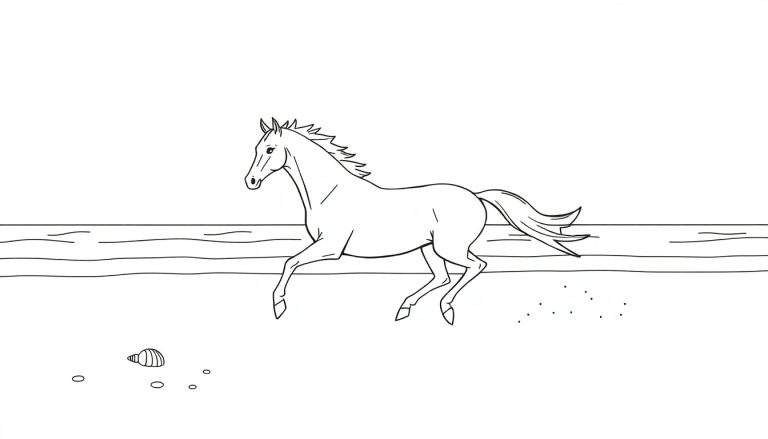 Zwart-witte lijntekening van een paard dat galoppeert op een strand met golven op de achtergrond en schelpen op het zand.