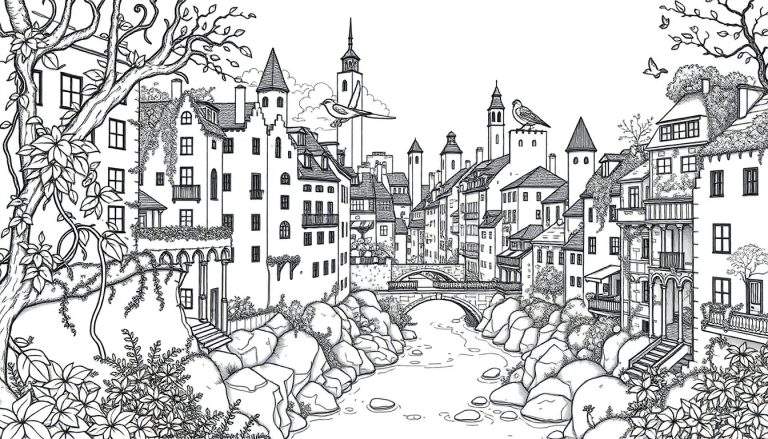 Gedetailleerde lijntekening van een pittoreske Europese stad aan een rivier, met veel gebouwen, bruggen, bomen, planten en vogels, ontworpen als kleurplaat.