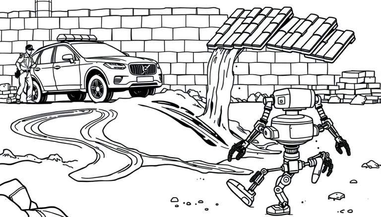 Zwart-wit kleurplaat van een politie-SUV, agent die naar de grond kijkt, een muur met een waterval erboven, en een lopende robot met grijpers. De grond is bedekt met stenen en puin.