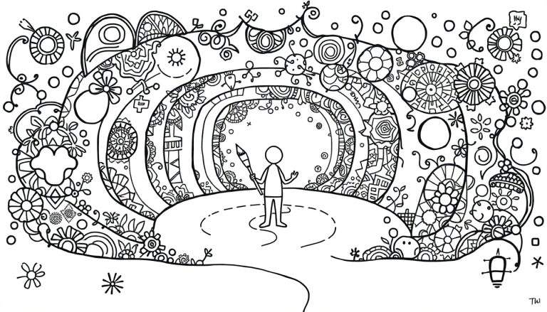 Kleurplaat van een poppetje met stokjesarmen en -benen, die een kwast vasthoudt voor een versierde boogvormige tunnel.