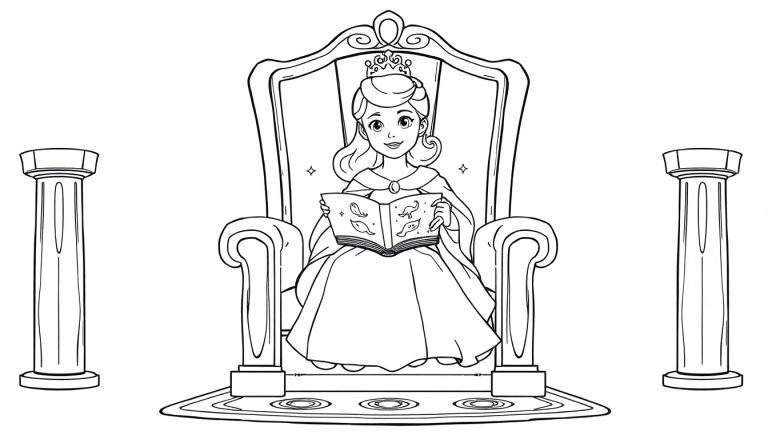 Zwart-wit lijntekening van een prinses met kroon en jurk, zittend op een troon en lezend in een boek, met sterretjes eromheen en pilaren aan de zijkanten.