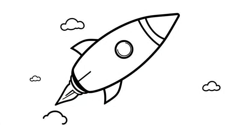 Zwart-wit kleurplaat van een gestroomlijnde raket die schuin omhoog vliegt met een rookpluim en wolkjes.