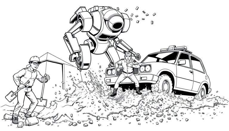 Zwart-wit tekening van een grote, tweebenige robot die landt, met stof, puin en twee mannen (een bouwvakker en een agent) en een auto op de voorgrond. Sci-fi actie scène.