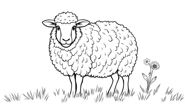 Kleurplaat van een schaap met pluizige vacht, omringd door gras en twee madeliefjes.