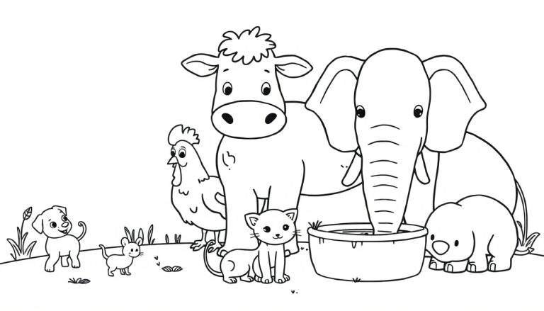 Kleurplaat met een groep schattige, eenvoudig getekende dieren, waaronder een olifant, babyolifant, koe, hondje, kat, kip en muis, staand op een glooiend grasveld.
