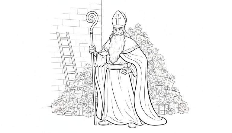 Zwart-wit tekening van Sinterklaas die tussen veel cadeautjes staat, met een ladder tegen een bakstenen muur aan de zijkant.