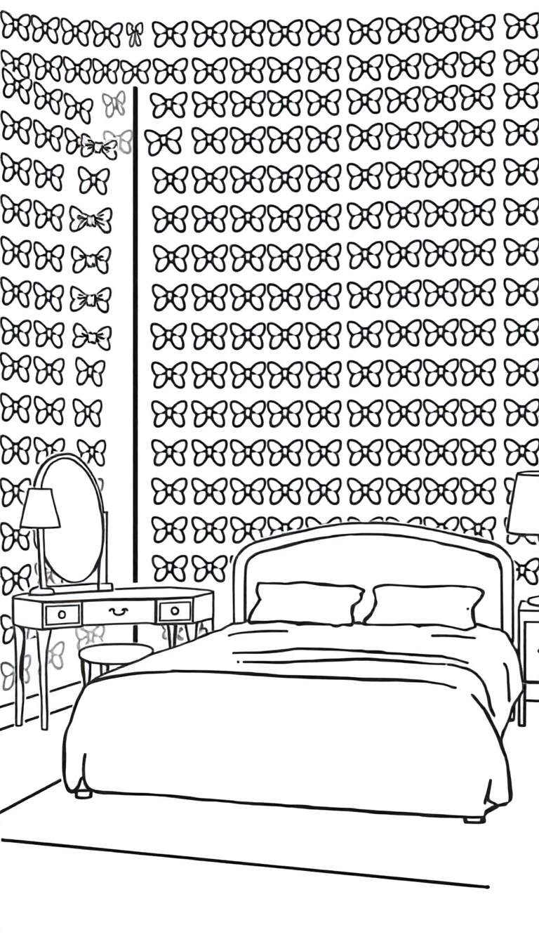 Kleurplaat van een slaapkamer met strikjes behang, een bed, kaptafel met spiegel en krukje.