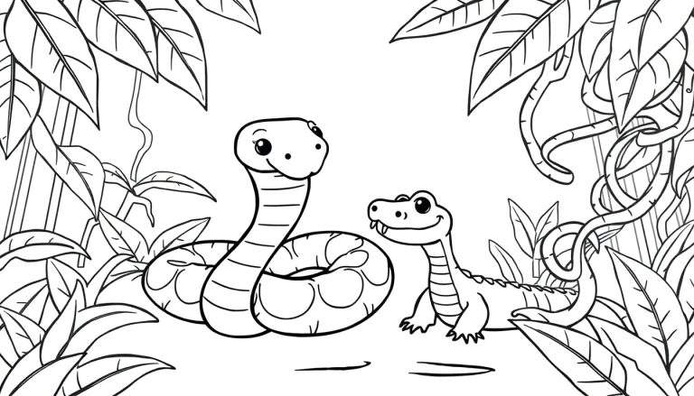 Zwart-wit kleurplaat van een vriendelijke opgerolde slang en een schattige kleine krokodil omringd door grote junglebladeren.