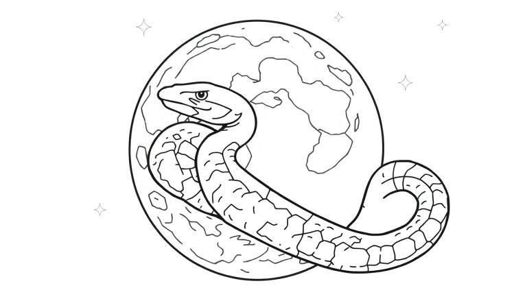 Zwart-wit lijntekening van een gedetailleerde slang die zich om een wereldbol wikkelt, met sterren op de achtergrond.
