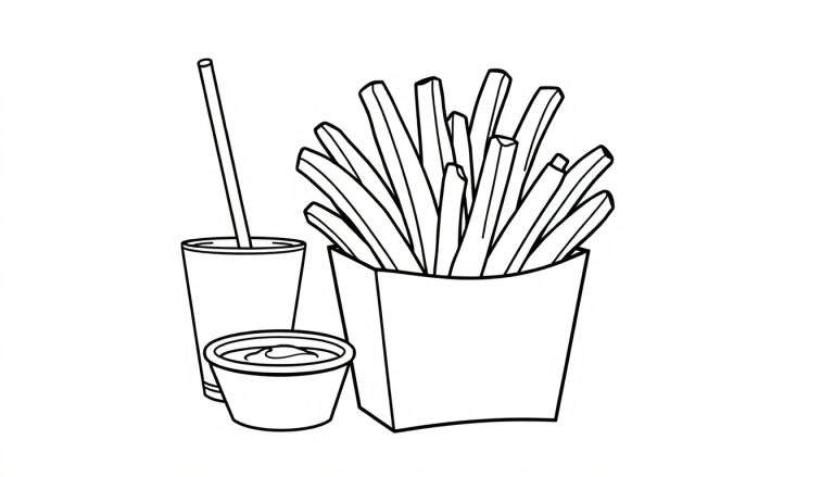 Zwart-wit lijntekening van een bakje friet, een drinkbeker met rietje en een bakje saus, klaar om gekleurd te worden.