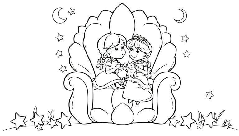 Zwart-wit kleurplaat van twee lachende jonge meisjes op een versierde stoel, met sterren en halve manen op de achtergrond.