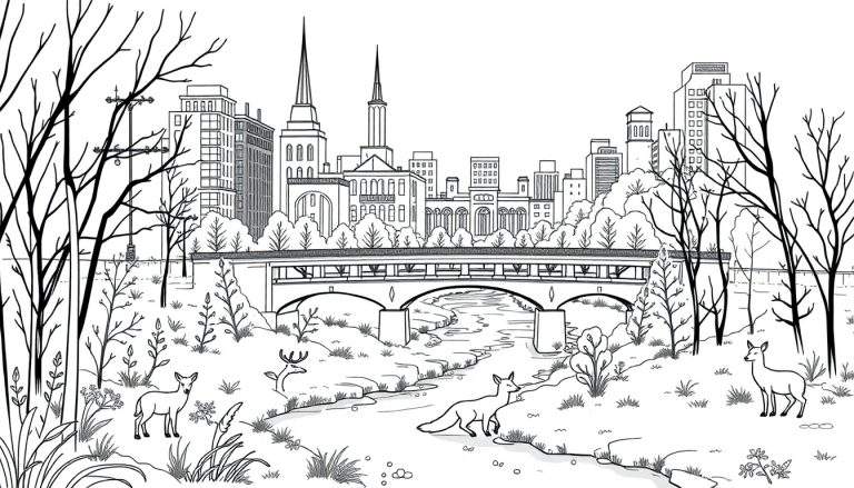 Gedetailleerde zwart-wit lijntekening kleurplaat van een stadsskyline op de achtergrond, een brug met bogen over een rivier in het midden, en een natuurlandschap met kale bomen, gras, planten, bloemen, herten, een reebok en een vos op de voorgrond.