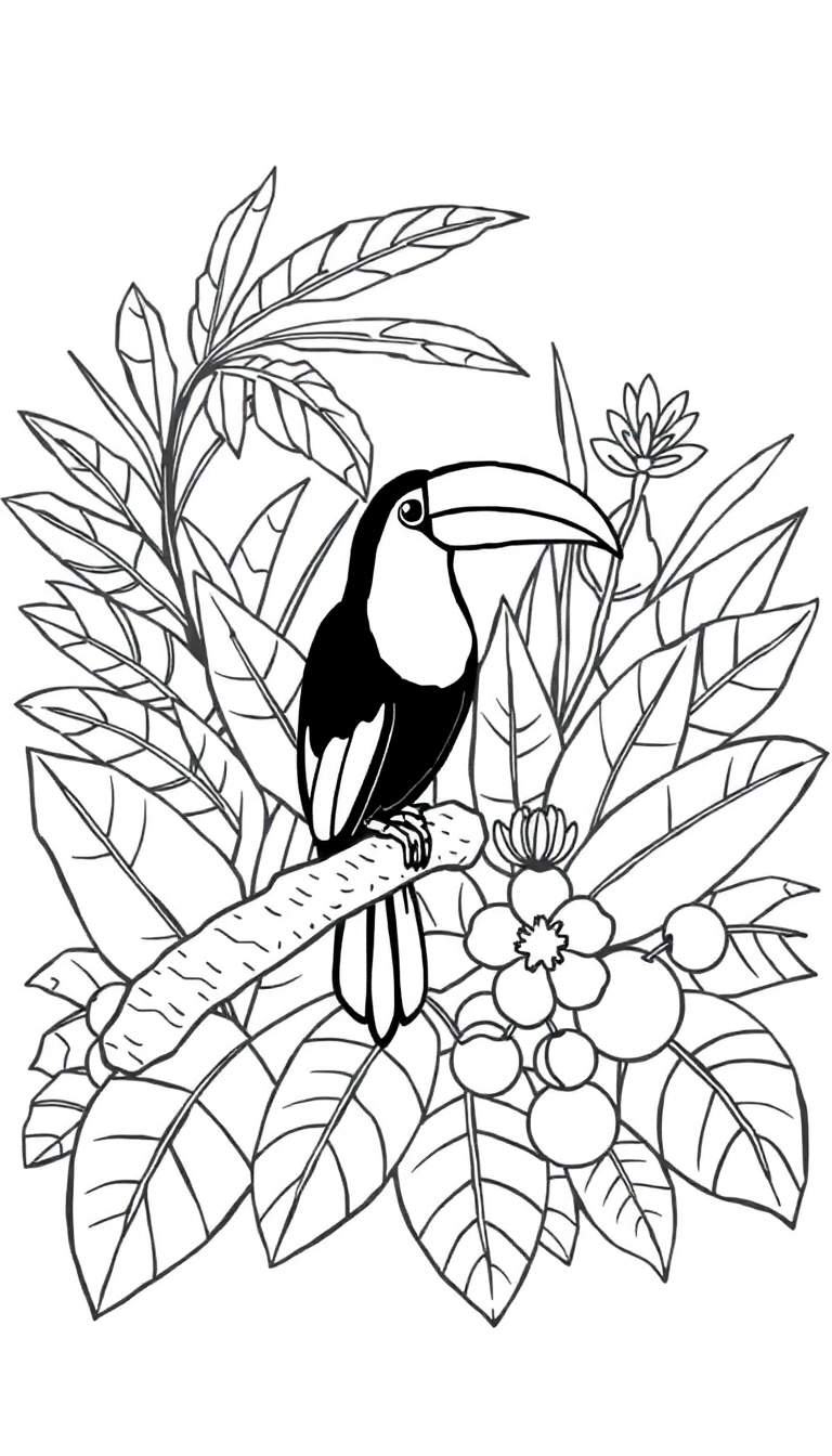 Zwart-wit lijntekening van een toekan zittend op een tak, omringd door tropische bladeren, bloemen en vruchten, klaar om ingekleurd te worden.