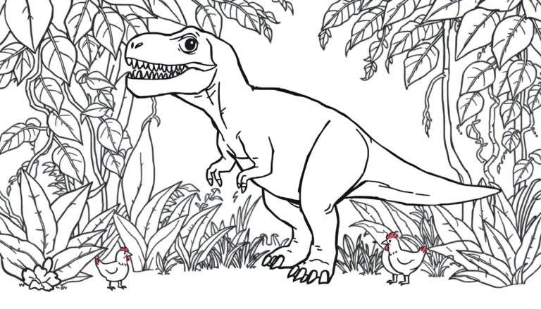 Zwart-wit kleurplaat van een grote Tyrannosaurus Rex met opengesperde bek in een jungle, geflankeerd door twee kleine kippen.