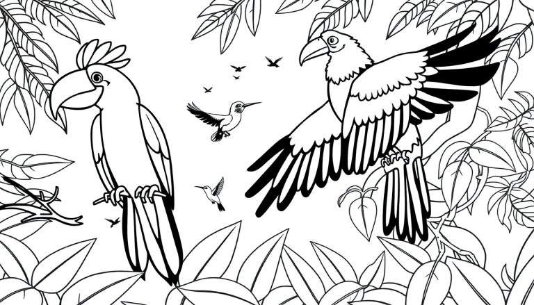 Kleurplaat van een jungle met twee grote papegaai-achtige vogels, kolibries en tropische bladeren.