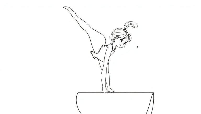 Zwart-wit lijntekening van een meisje dat een turnhouding uitvoert op een evenwichtsbalk met haar linkerbeen hoog naar achteren gestrekt en een vriendelijke glimlach.