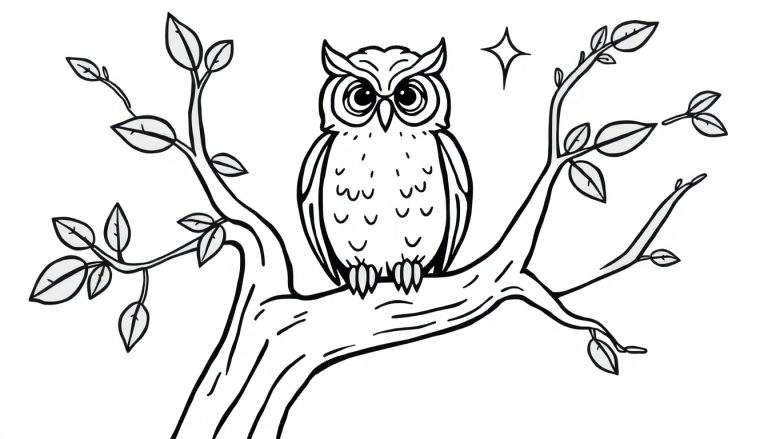 Zwart-wit kleurplaat van een uil met grote ogen die op een boomtak zit, met een sterretje in de hoek.