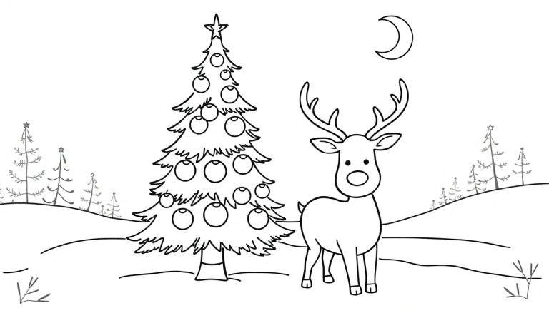 Zwart-wit kleurplaat van een kersttafereel met een grote versierde kerstboom, een rendier met gewei en ronde neus, besneeuwde heuvels en kleinere dennenbomen.