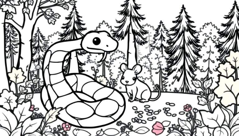 Kleurplaat van een boslandschap met een opgerolde slang aan de linkerkant en een kleine muis ernaast. De achtergrond toont diverse bomen, struiken en bloemen op de grond.