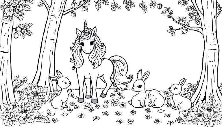 Kleurplaat van een schattige eenhoorn met golvende manen en staart, staand in een magisch bos met bloemen, bladeren en vier konijntjes.