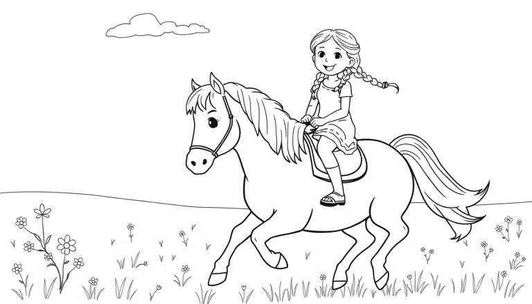 Kleurplaat van een lachend meisje met vlechtjes die op een rennend paard rijdt. Op de achtergrond een veld met bloemen en een wolk.