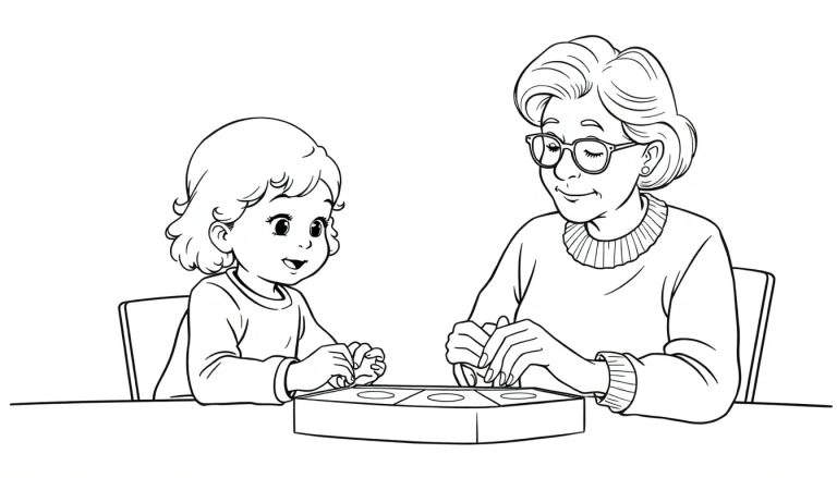 Zwart-wit lijntekening van een lachend jong meisje met krullend haar en een oudere vrouw met bril die samen aan een tafel zitten en een bordspel spelen. Kleurplaat voor kinderen.