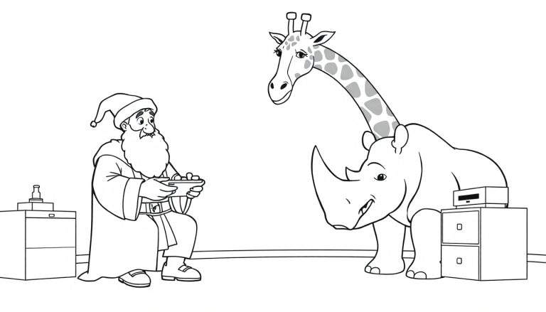 Zwart-wit tekening van een oude man met puntmuts die een kommetje met snacks vasthoudt, naast een giraffe en een vrolijke neushoorn.