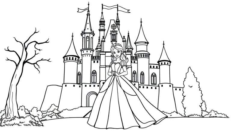 Kleurplaat van een prinses met lang haar en een baljurk, staand voor een imposant kasteel met torens en vlaggen, omringd door bomen en struiken.