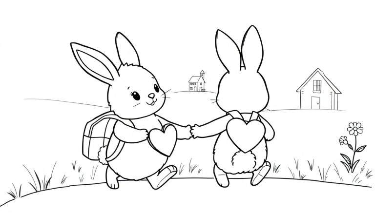 Zwart-wit kleurplaat van twee schattige konijntjes die samen lopen, hand in poot, met rugzakken en een hartje, op een pad met gras, huisjes en bloemen op de achtergrond.