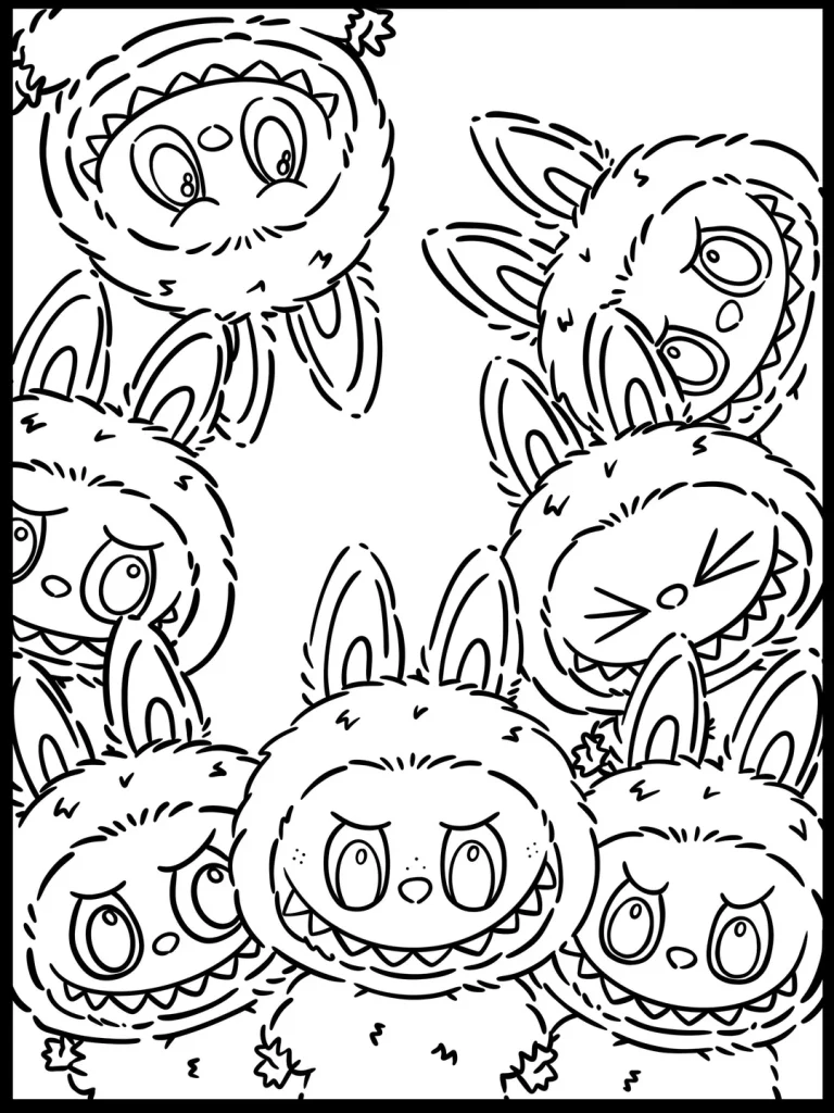 Kleurplaat met schattige, pluizige monsters genaamd Labubu, die met verschillende emoties uit de randen van het beeld kijken.