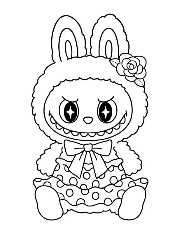 Kleurplaat van Labubu, een konijnachtig figuur met grote oren, een stippenjurk en een glimlach met puntige tanden.