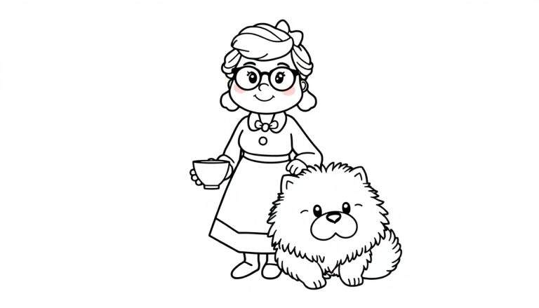 Kleurplaat van een lachende vrouw met bril en strik in haar haar, die een kopje vasthoudt en haar hand op haar zittende, knipogende pluizige hond legt.