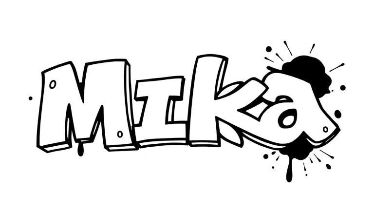 Zwart-wit kleurplaat van het woord 'Mika' in graffiti stijl, met 3D letters, klinknagels op de M en A, en druipende verfspatten.