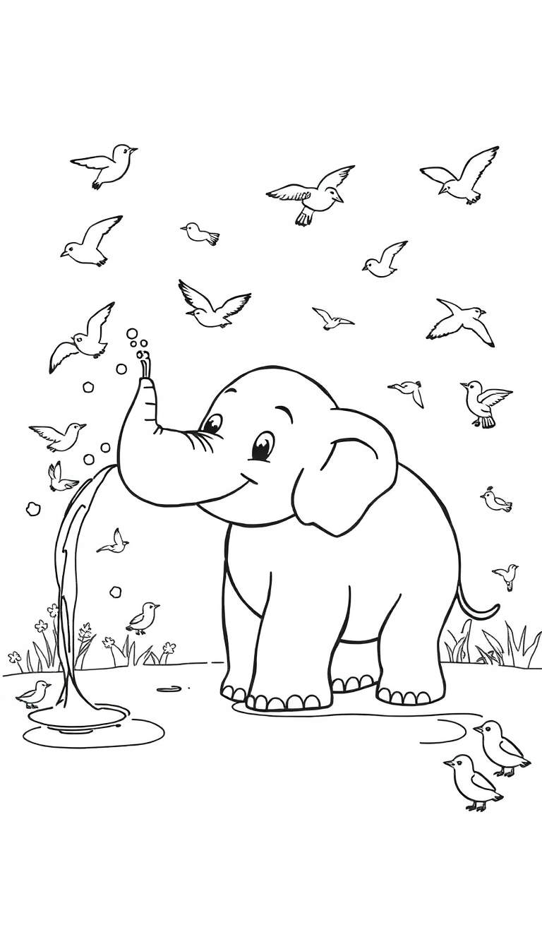 Kleurplaat van een lachende olifant die water spuit met bubbels, omringd door vliegende en zittende vogels in een natuurlijke omgeving met gras en bloemen.